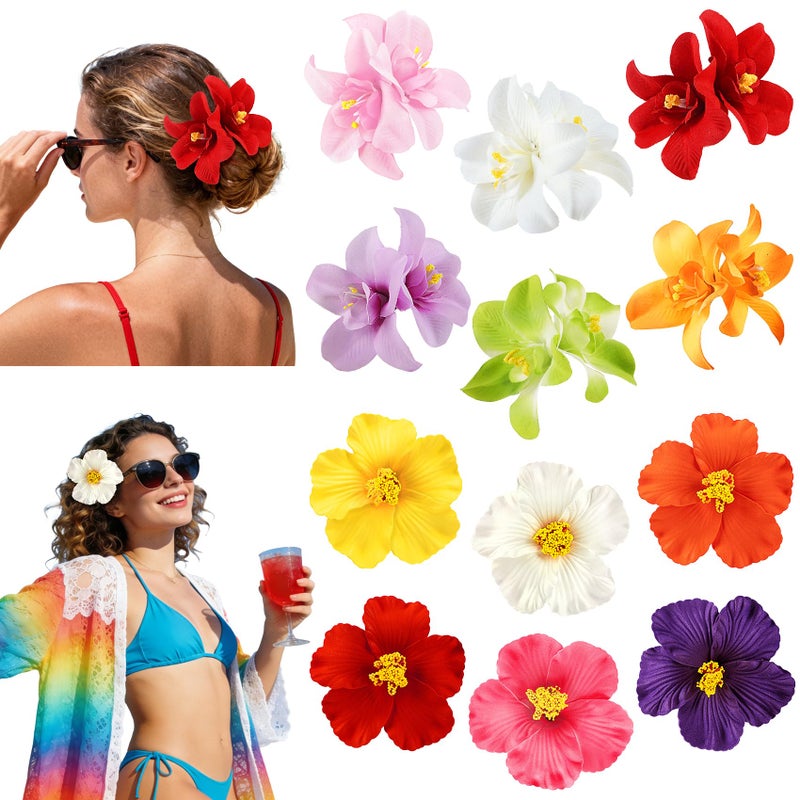 Eunhdet 12Pcs Hawaiian Flower Clips for Hair, Plumeria Hibiscus Flower Clips Hawaiian Hair Accessories for Girls, Tropical Decor, Beach Pool Vacation Outfit, Luau Party Supplies, Wedding - Image 1