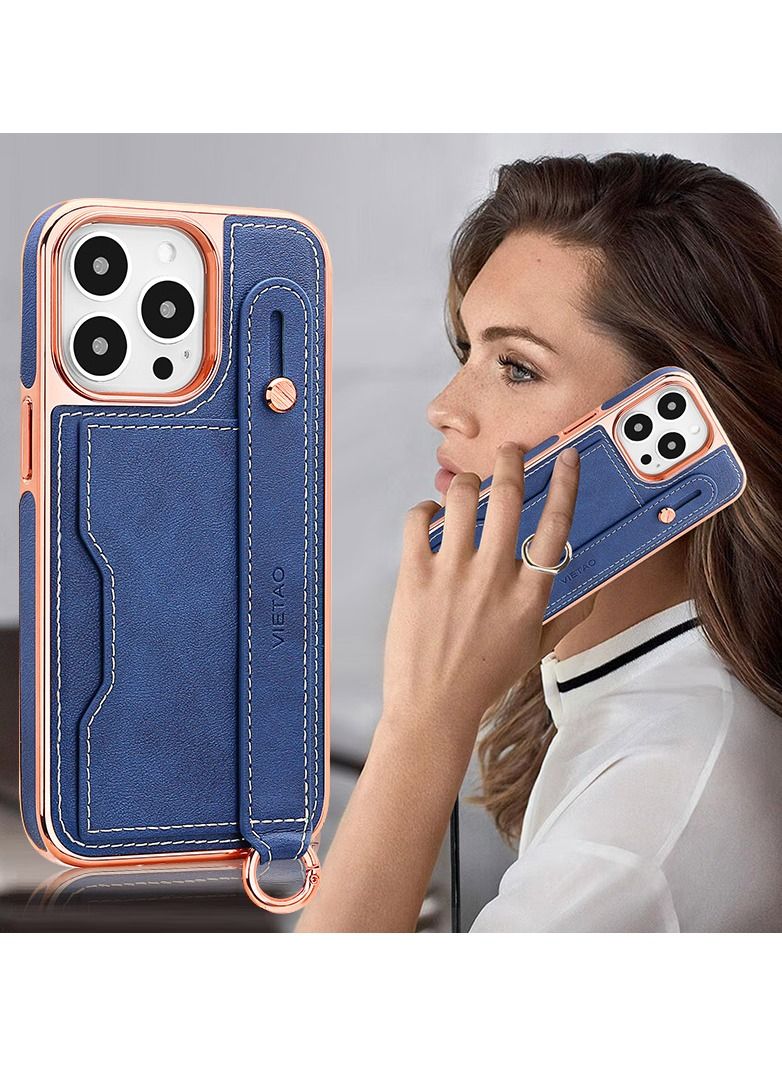 Color Fans Luxury Leather Hand Strap Card Slot Case Compatible with iPhone 14 Pro Max 6.7 inch with Shockproof Kickstand Lanyard Cover Blue/Gold  - Image 2