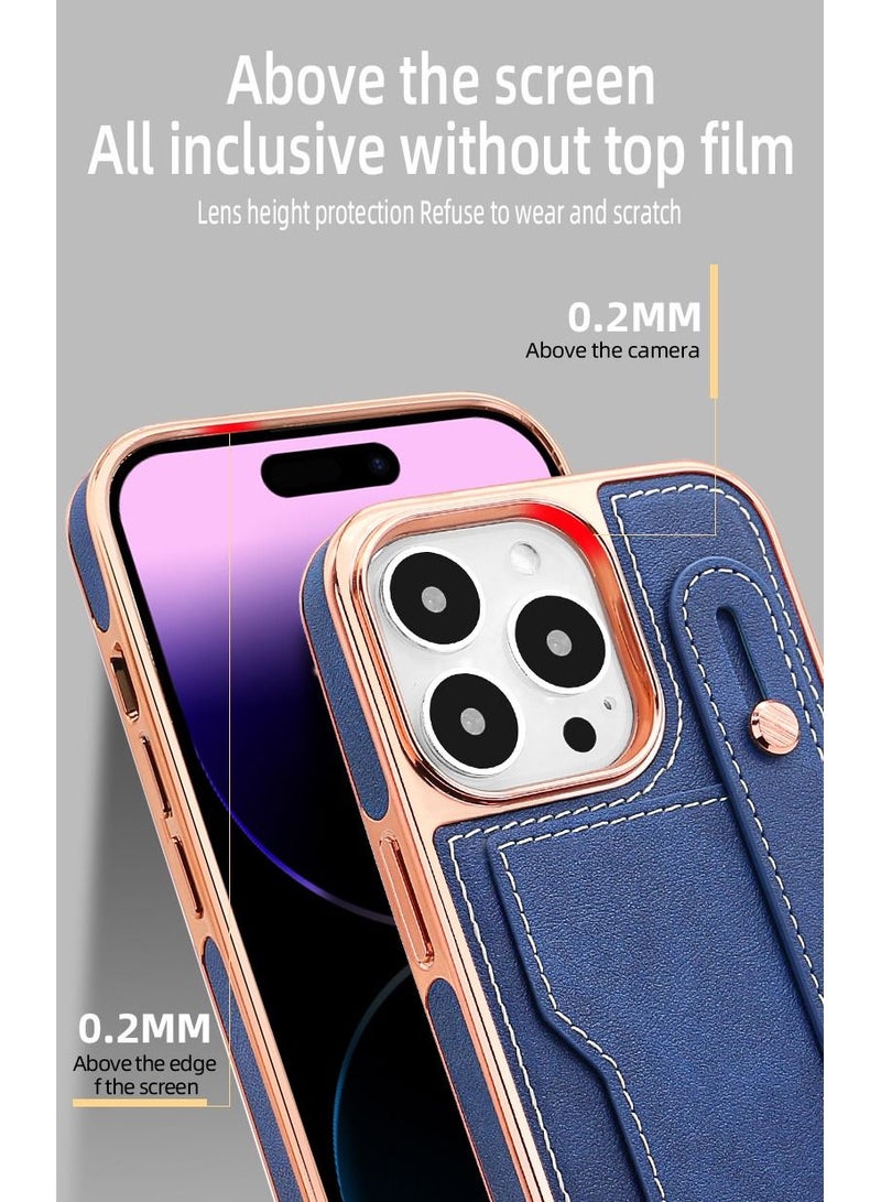 Color Fans Luxury Leather Hand Strap Card Slot Case Compatible with iPhone 14 Pro Max 6.7 inch with Shockproof Kickstand Lanyard Cover Blue/Gold  - Image 3