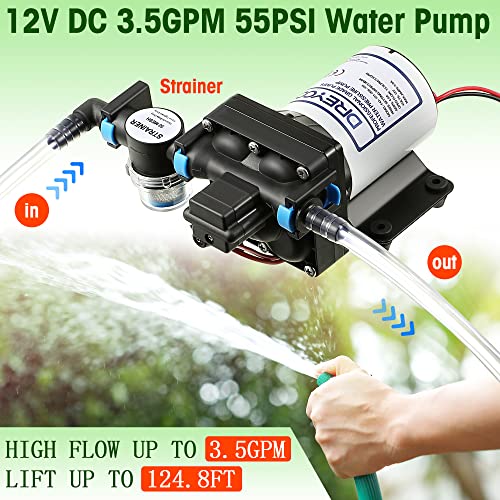 Dreyoo 12V RV Water Pump, 3.5GPM 55PSI Self Priming Automatic Diaphragm Water Pump with Adjustable Water Pressure Switch for RV Marine Yacht Agriculture(12V 55PSI 3.5GPM) - Image 2