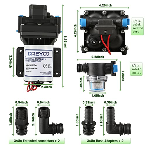 Dreyoo 12V RV Water Pump, 3.5GPM 55PSI Self Priming Automatic Diaphragm Water Pump with Adjustable Water Pressure Switch for RV Marine Yacht Agriculture(12V 55PSI 3.5GPM) - Image 4