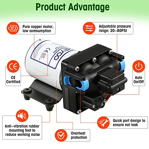 Dreyoo 12V RV Water Pump, 3.5GPM 55PSI Self Priming Automatic Diaphragm Water Pump with Adjustable Water Pressure Switch for RV Marine Yacht Agriculture(12V 55PSI 3.5GPM) - Image 3