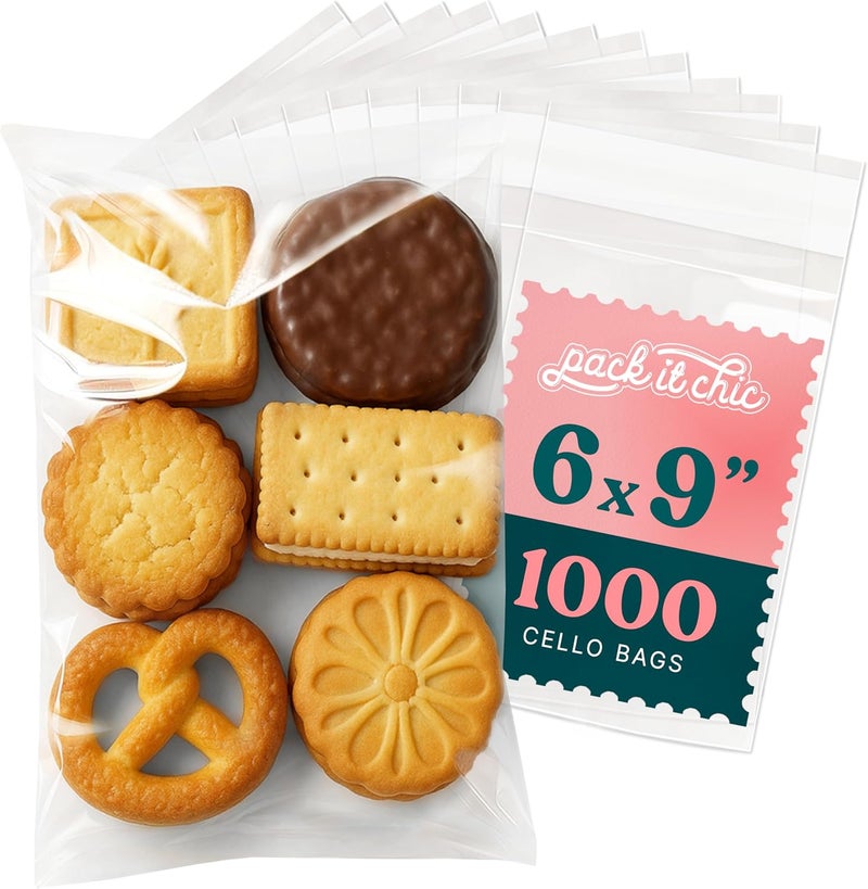 Pack It Chic - 6" X 9" Clear Self Sealing Cellophane Bags (1000 Pack) - Cookie and Pretzel Rod Bags With Resealable Adhesive for Baked Goods Packaging, Candy, Pastries, Bread, Treats, Party Favors - Image 1