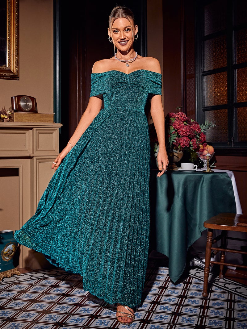 SIMPLEE Dress Strapless Smocked A-Line Sequin Dark Green Teal Formal Olive Sage Fashion Summer Trendy - Image 4