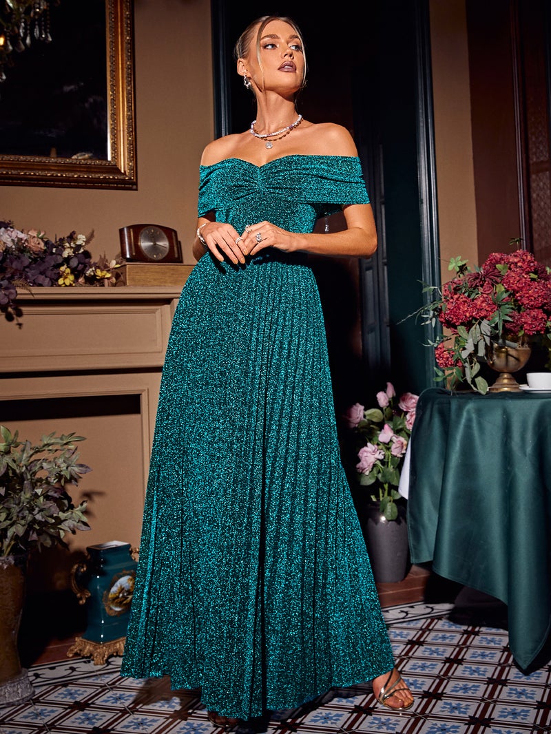 SIMPLEE Dress Strapless Smocked A-Line Sequin Dark Green Teal Formal Olive Sage Fashion Summer Trendy - Image 3