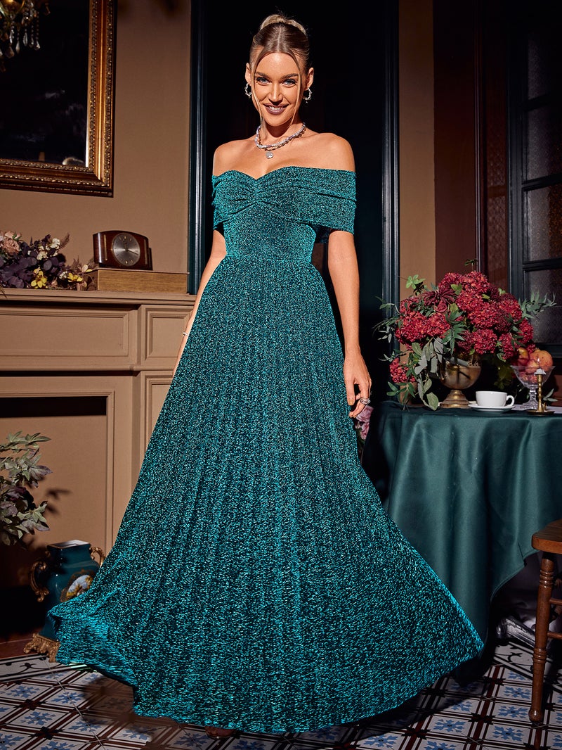SIMPLEE Dress Strapless Smocked A-Line Sequin Dark Green Teal Formal Olive Sage Fashion Summer Trendy - Image 1