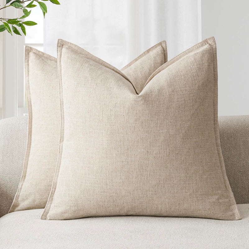 Foindtower Pack of 2, Decorative Linen Soild Throw Pillow Covers Soft Accent Cushion Case Boho Farmhouse Neutral Pillowcase for Couch Sofa Bedroom Living Room Home Decor 24 x 24 Inch Natural Beige - Image 1