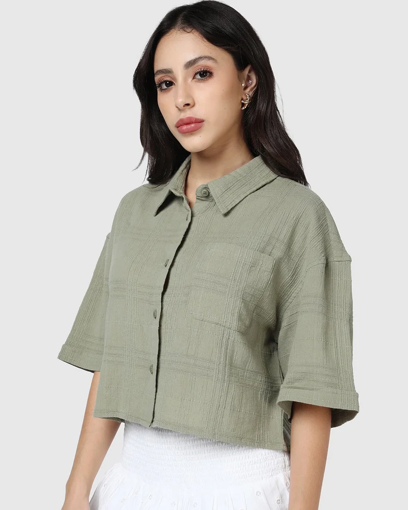 بيواكوف Women's Olive Green Textured Oversized Crop Shirt