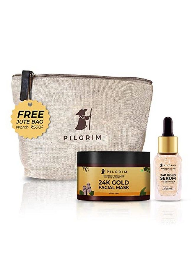 PILGRIM 24K Gold Facial Kit ; Dewy Glass Skin Finish ; Facial Kit For Radiant Look ; 24K Gold Face Mask Pack 50Gm ; 24K Gold Serum 20Ml ; Korean Skin Care ; For Women & Men ; Free Jute Bag  - Image 1