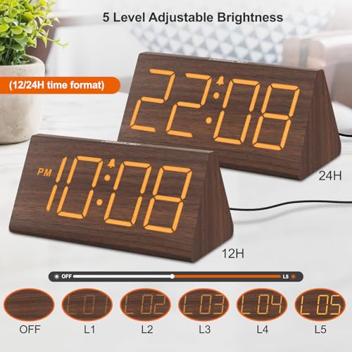 DreamSky Wooden Digital Alarm Clocks for Bedrooms - Electric Desk Clock with Large Numbers, USB Port, Loud Alarm for Heavy Sleepers, Adjustable Volume, Dimmer, Snooze, DST, Wood Décor, Adapter Powered - Image 4