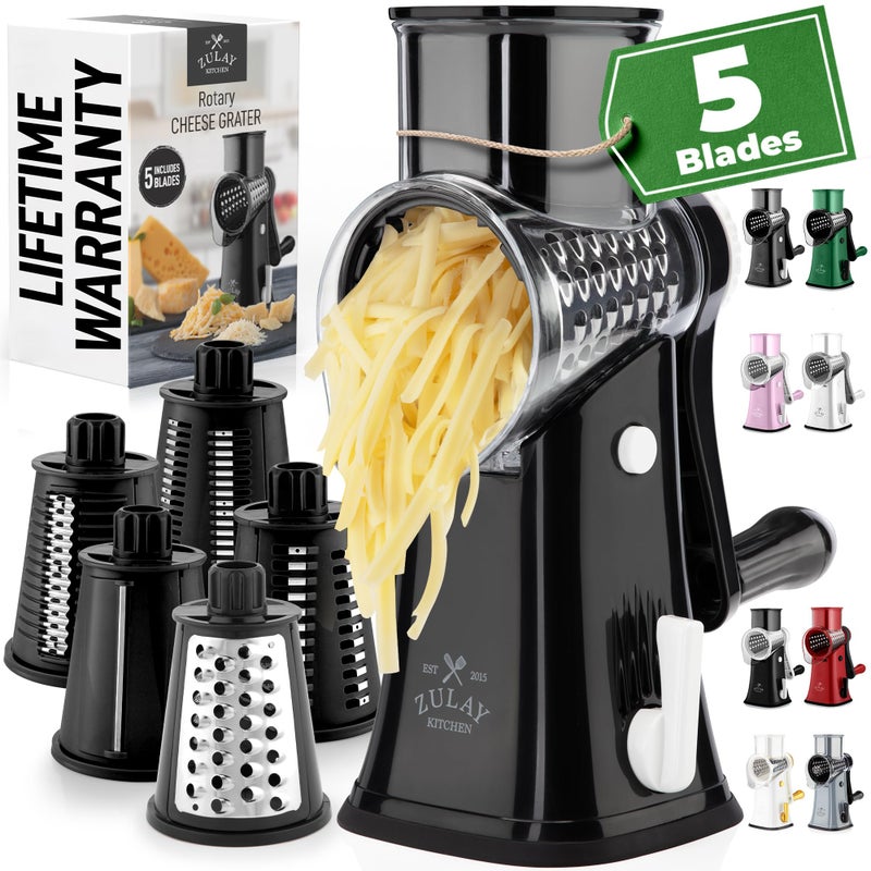 Zulay Kitchen Rotary Cheese Grater 5 Blade Cheese Shredder - Manual Hand Crank Cheese Grater With Reinforced Suction & 5 Interchangeable Drums - Easy to Use, Vegetable Chopper Round Mandoline Slicer - Image 1