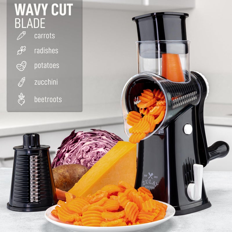 Zulay Kitchen Rotary Cheese Grater 5 Blade Cheese Shredder - Manual Hand Crank Cheese Grater With Reinforced Suction & 5 Interchangeable Drums - Easy to Use, Vegetable Chopper Round Mandoline Slicer - Image 4