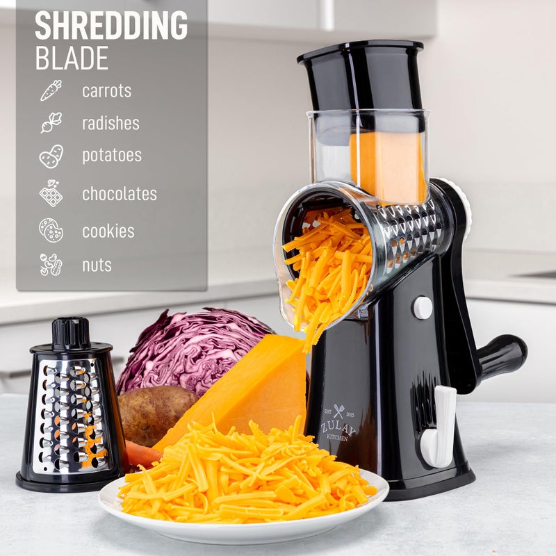Zulay Kitchen Rotary Cheese Grater 5 Blade Cheese Shredder - Manual Hand Crank Cheese Grater With Reinforced Suction & 5 Interchangeable Drums - Easy to Use, Vegetable Chopper Round Mandoline Slicer - Image 3