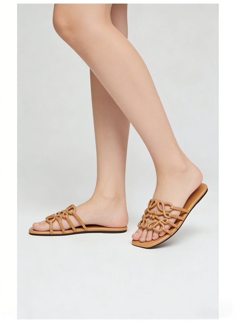 لويفي LOEWE Petal Anagram Cut-Out Slide Sandals in Smooth Calfskin, Tan/Camel - Image 3