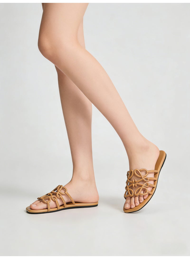 لويفي LOEWE Petal Anagram Cut-Out Slide Sandals in Smooth Calfskin, Tan/Camel - Image 1