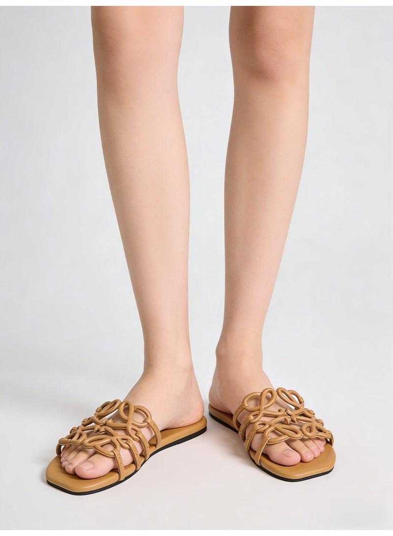 لويفي LOEWE Petal Anagram Cut-Out Slide Sandals in Smooth Calfskin, Tan/Camel - Image 2