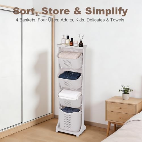 FAHKNS 4-Tier Laundry Sorter Cart with Wheels, Large 95L Capacity Hamper Organizer, Rolling Storage with Removable Mesh Bins for Laundry Use in Home, Dorm, Apartment (17.3"x13.1"x54.7") - Image 3