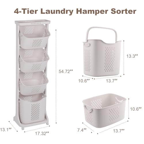 FAHKNS 4-Tier Laundry Sorter Cart with Wheels, Large 95L Capacity Hamper Organizer, Rolling Storage with Removable Mesh Bins for Laundry Use in Home, Dorm, Apartment (17.3"x13.1"x54.7") - Image 2
