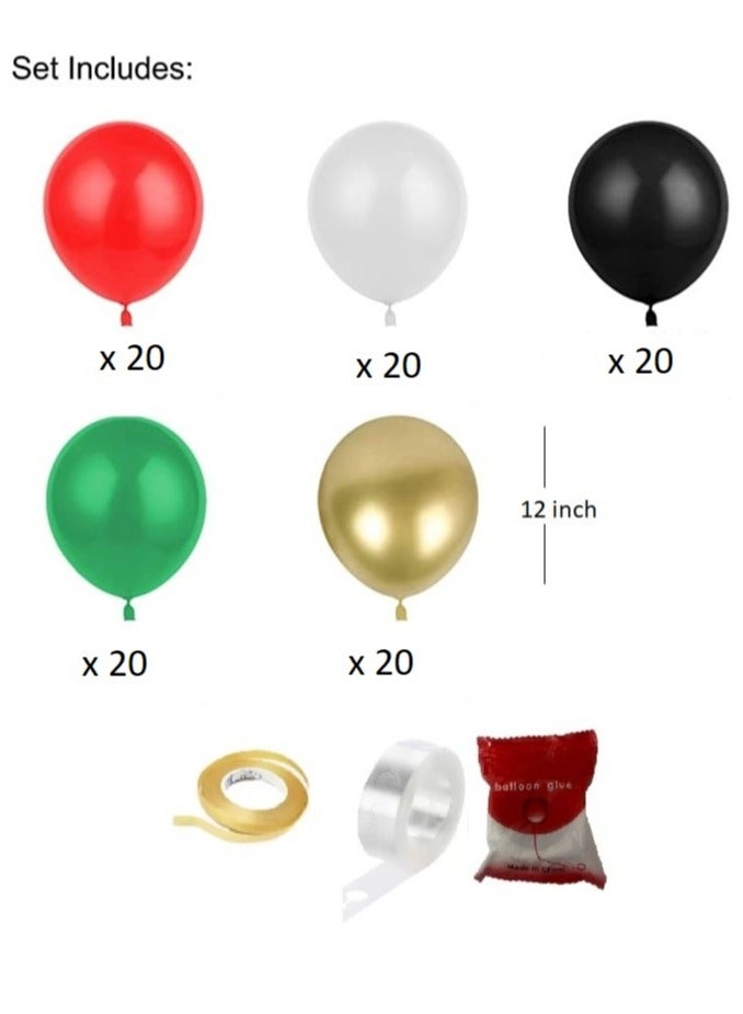 Boxwoods 100 PCS Red White Green Black Latex And Gold Chrome Balloons Set For UAE National Day Celebrations - Image 2