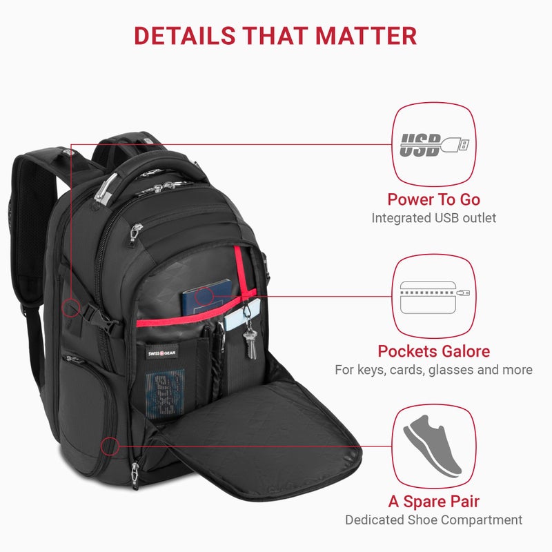 SWISSGEAR حقيبة ظهر لابتوب سويس جير ترافل تك إليت - تناسب اللابتوبات حتى 16 بوصة - حقيبة ظهر صديقة لتفتيش TSA مع منفذ USB، حجرة للأحذية و جيوب تنظيم - رمادي مائل إلى الخضرة - Image 3