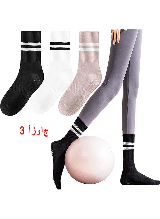 Depend Non Slip Socks Women Fashion All Season Socks Sports Casual Simple Striped Colors for Pilates Yoga Barre Ballet Dance Fitness Football Hospital Mid-Tube Socks Free Size 3-Pair  - Image 1