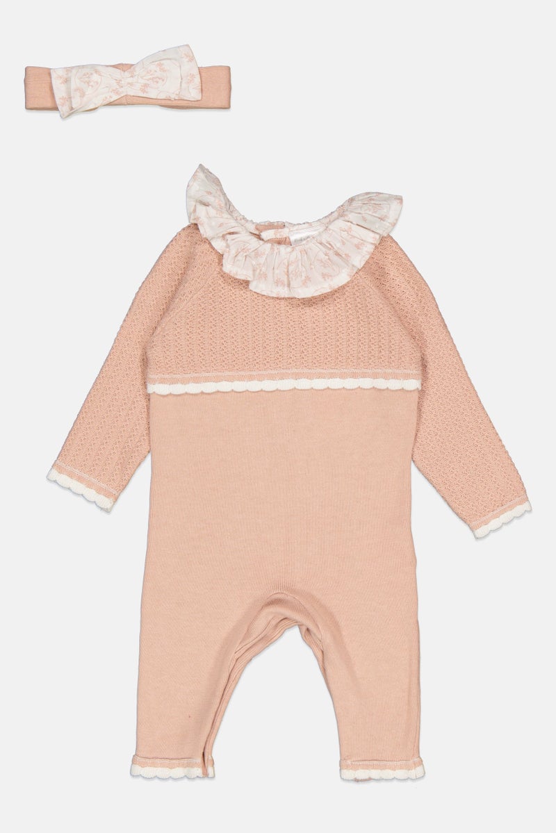 Rock-A-Bye Baby Boutique Toddlers Girl 2 Pieces Textured Bodysuit With Headband, Peach - Image 1
