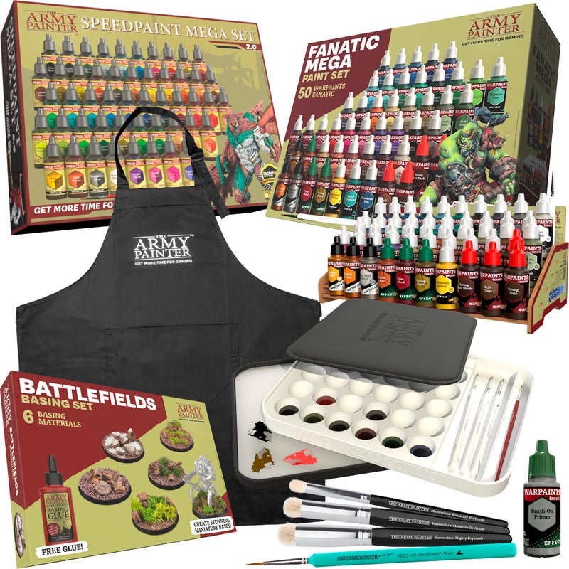 The Army Painter Ultimate Starter Bundle Incl Warpaints Fanatic Speedpaint 20 Mega Set Wet Palette XL Battlefield Basing Masterclass Drybrushes Black Apron 2 Brushes Brush on Primer - Image 2