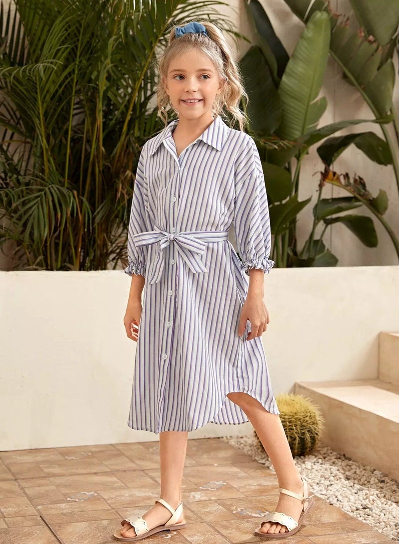Girls Striped Flounce Sleeve Belted Shirt Dress - Image 1