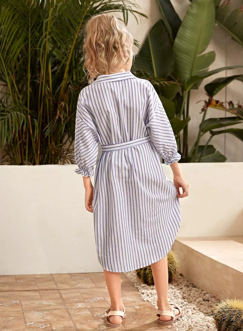 Girls Striped Flounce Sleeve Belted Shirt Dress - Image 2