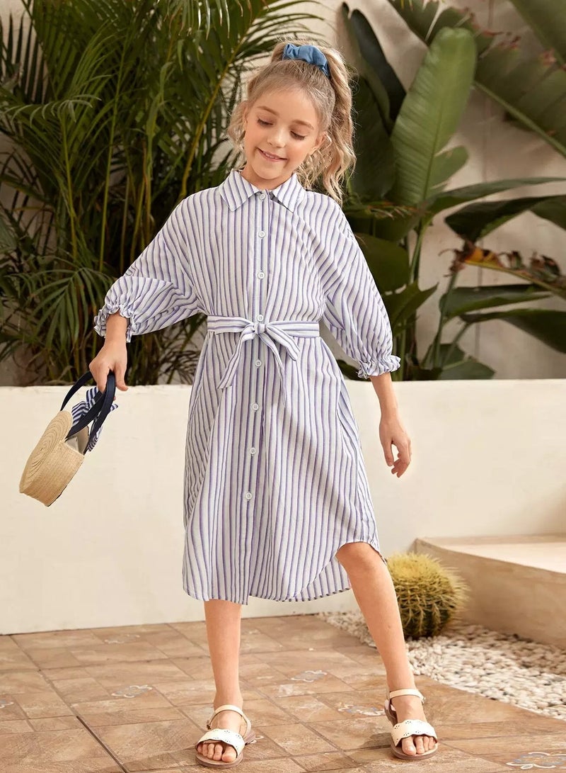 Girls Striped Flounce Sleeve Belted Shirt Dress - Image 4