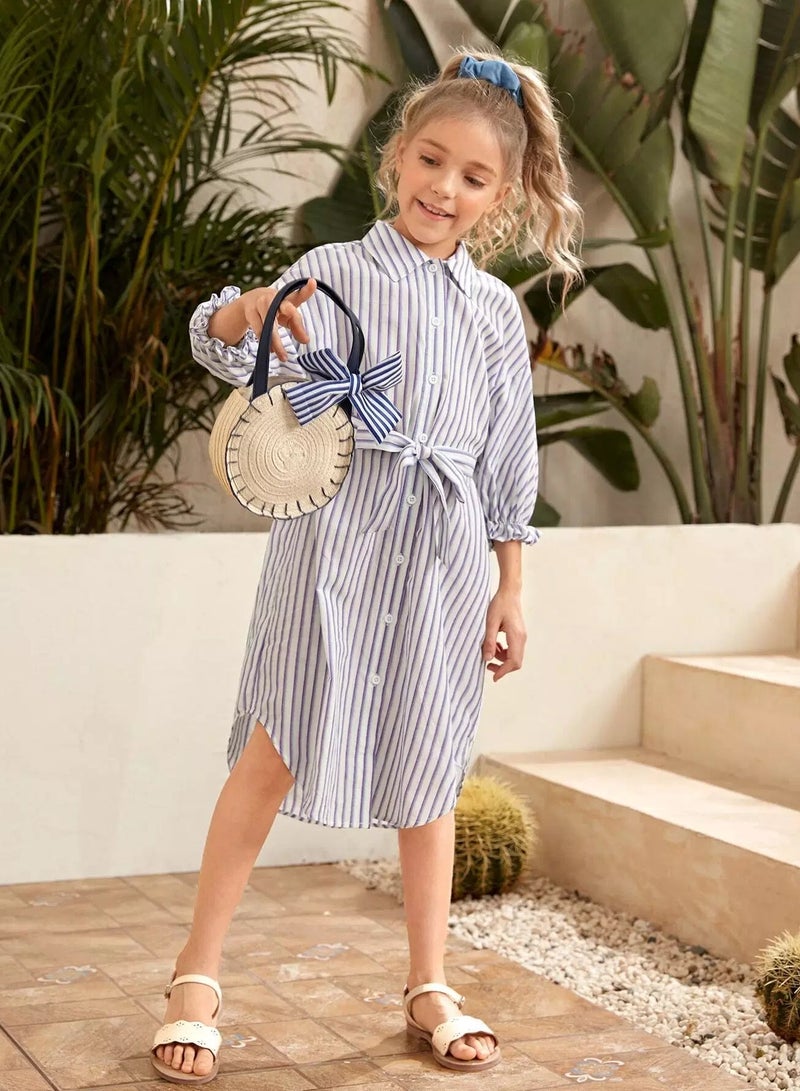 Girls Striped Flounce Sleeve Belted Shirt Dress - Image 3