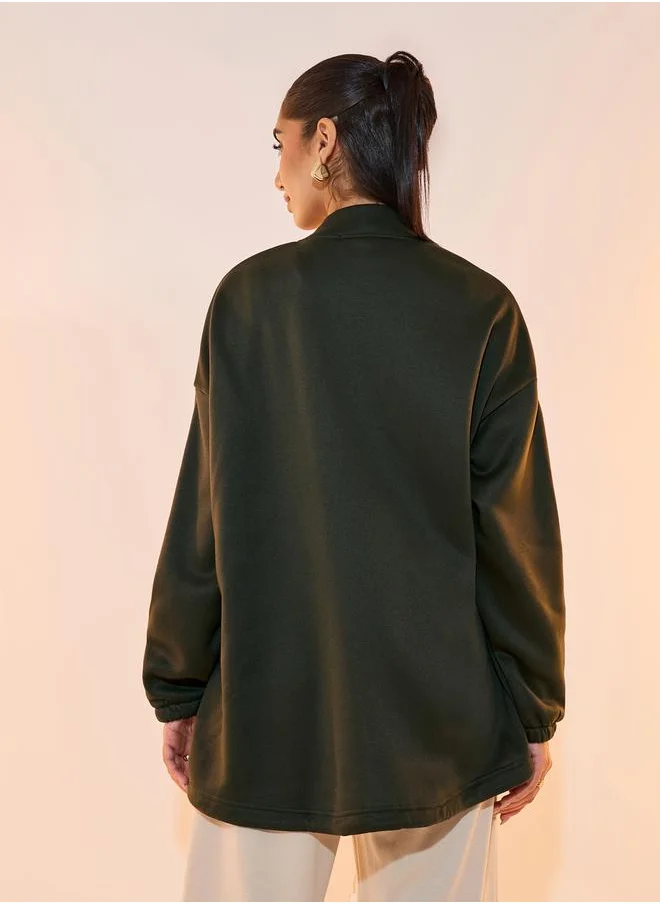 Styli Solid Front Zipper Drawstring Hem Jacket