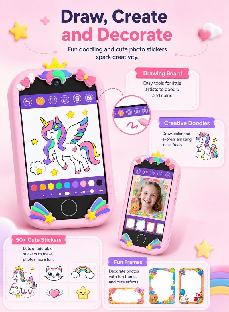 EVEREEN Kids Smart Phone for Girls Gifts, Toddler Birthday Gift for Age 3 4 5 6 Year Old, Kids Cell Phone Toy with 3.5” Touchscreen, Dual Cameras, Learning, Play Games, Video Player with 32GB Card - Image 2