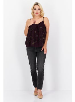 promod Women V Neck Sleeveless Textured Tank Top, Dark Purple  - Image 4