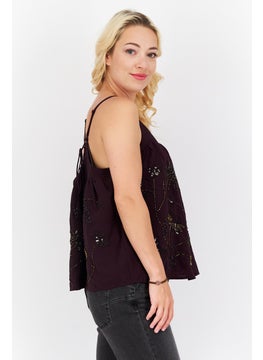 promod Women V Neck Sleeveless Textured Tank Top, Dark Purple  - Image 2