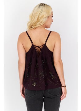 promod Women V Neck Sleeveless Textured Tank Top, Dark Purple  - Image 3