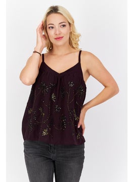 promod Women V Neck Sleeveless Textured Tank Top, Dark Purple  - Image 1