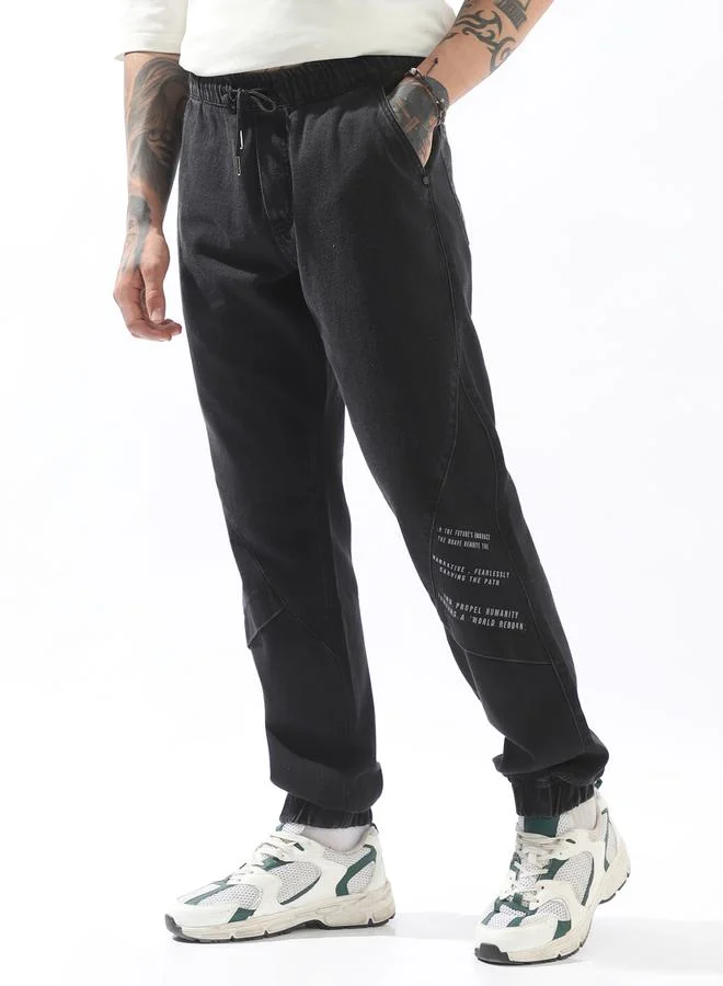 Hubberholme Men's Black 100% Cotton Solid Pattern Full Length Casual Straight Fit Jeans