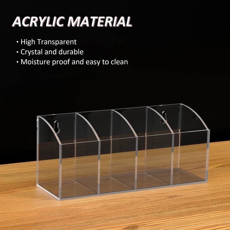 Hexsonhoma Acrylic Pen Holder Organizer 4 Compartments, Clear Makeup Brush Holder, No Drill Wall Mounting Pencil Holder for Office Accessories - Image 4