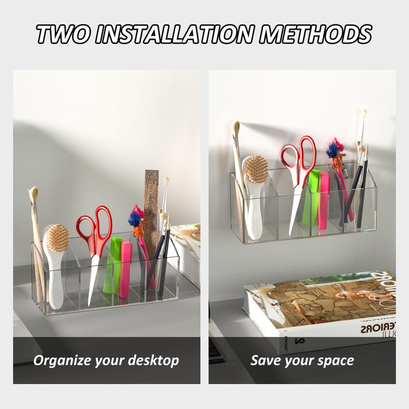 Hexsonhoma Acrylic Pen Holder Organizer 4 Compartments, Clear Makeup Brush Holder, No Drill Wall Mounting Pencil Holder for Office Accessories - Image 3