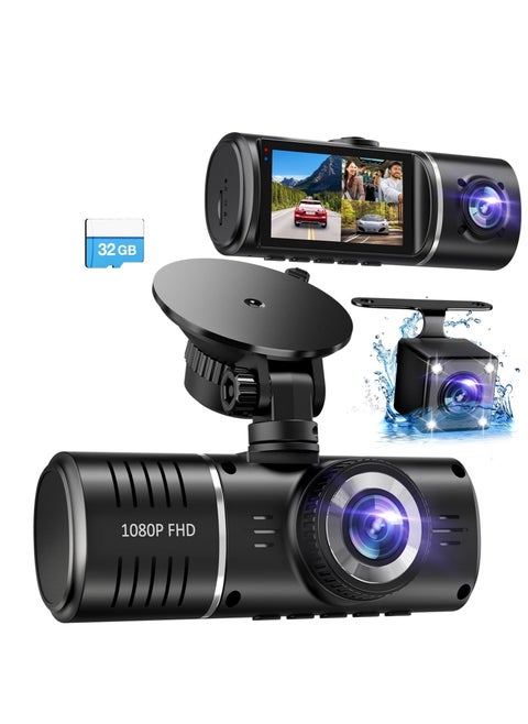 Dash Cam, 3 Channel Dash Cam, 1080P Dash Cam Front and Inside, Triple Dash Cam, Dash Camera with 32GB Card, HDR, G-Sensor, 24Hr Parking, Front Rear Dash Cam Loop Recording