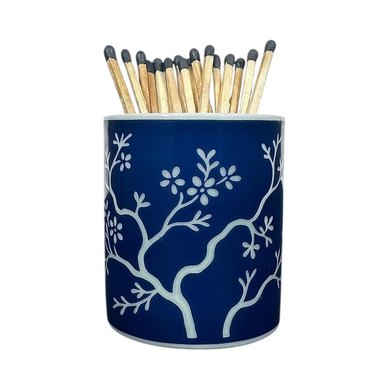 Hapton House Chinoiserie Long Match Holder with Striker â€“ Tall Design for 3", 4", 5" Matches â€“ Rare Vintage Style Soft Blue Porcelain with Cobalt Chinoiserie Patterns â€“ MATCHES NOT INCLUDED (Style C) - Image 1