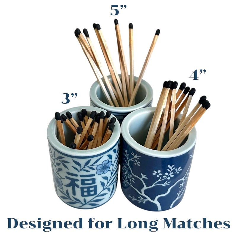 Hapton House Chinoiserie Long Match Holder with Striker â€“ Tall Design for 3", 4", 5" Matches â€“ Rare Vintage Style Soft Blue Porcelain with Cobalt Chinoiserie Patterns â€“ MATCHES NOT INCLUDED (Style C) - Image 5