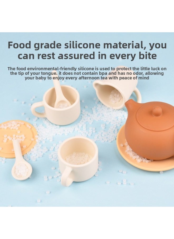 null - Children's Simulation Afternoon Tea Playhouse Toy Mini Teapot Teacup Silicone Toy Suit Kitchen Toy-Color:15-piece Set (grey Blue) - Image 1