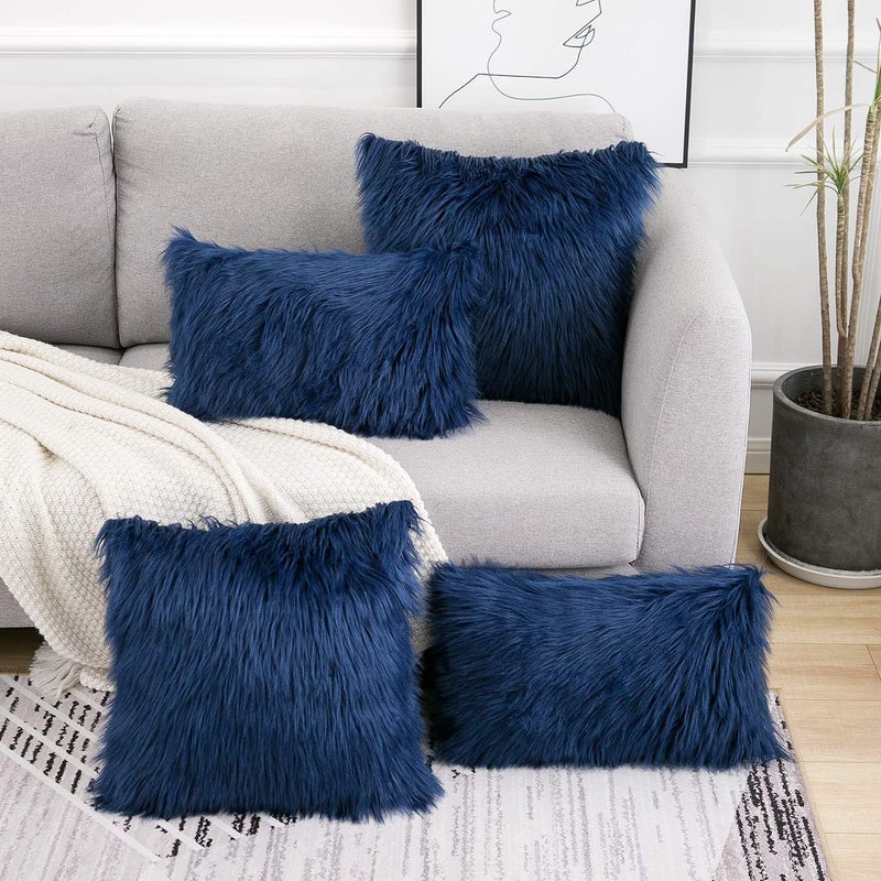 WLNUI Easy daily handling design Decorative Navy Blue Fluffy Pillow Covers New Luxury Series Merino Style Faux Fur Throw Pillow Covers Fuzzy Cushion Cover 18x18 Inches 45x45 cm Daily life matching design - Image 2
