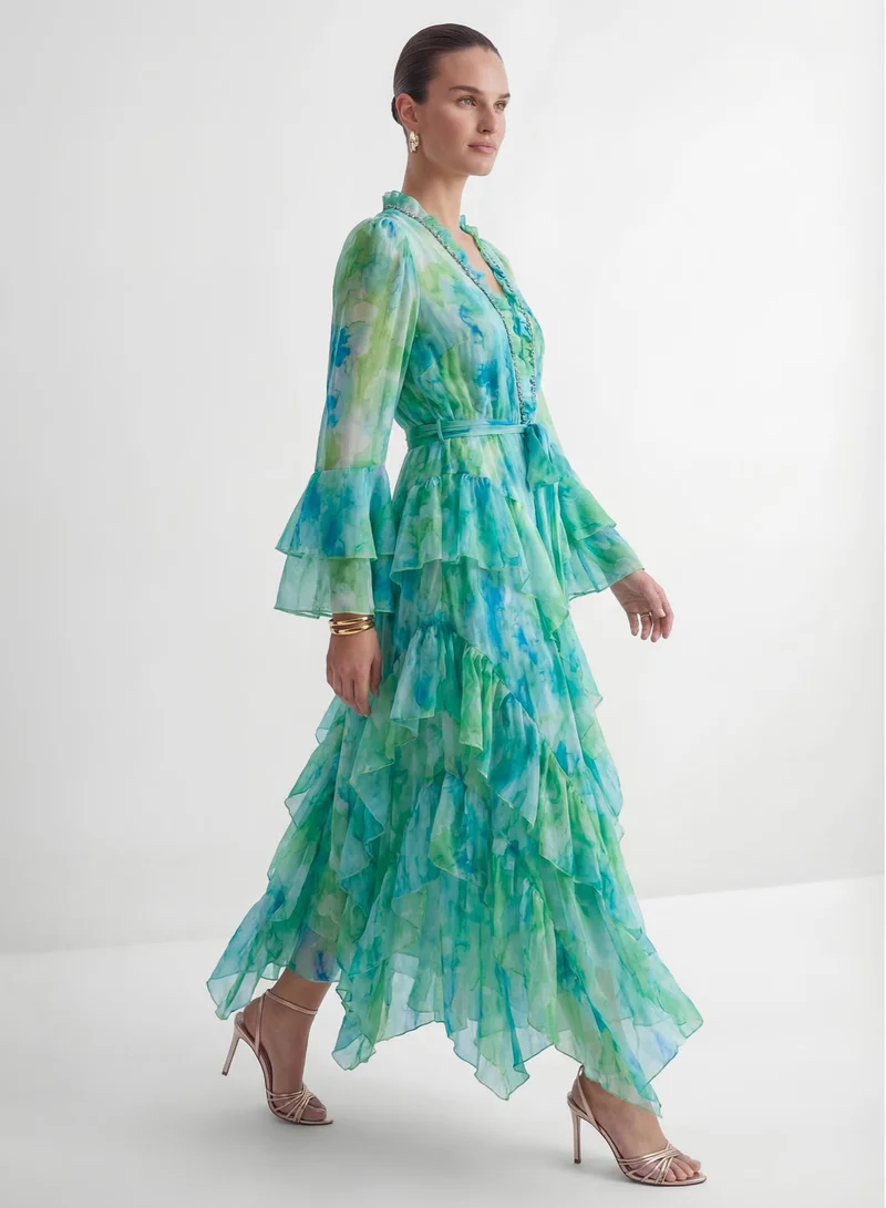 سنفير Vibes On Point Mint Green Abstract Print Tiered Ruffle Maxi Dress