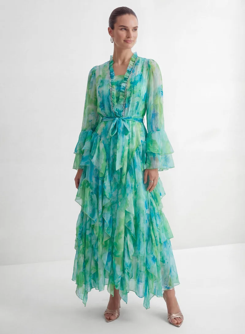 سنفير Vibes On Point Mint Green Abstract Print Tiered Ruffle Maxi Dress