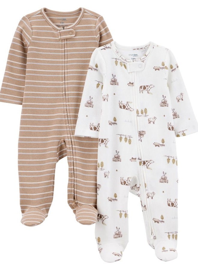 Simple Joys by Carter's Unisex Baby 2-Way Zip Thermal Footed Sleep and Play, Pack of 2, Brown Farm, premature - Image 1