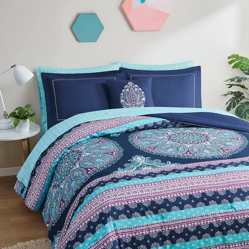 Degrees of Comfort Full Size Comforter Sets with Sheets Blue Boho Mandala Teenage Girl Bedding Bohemian Bed in A Bag Microfiber Bed Set 8 Piece Matching Decorative Pillow Navy