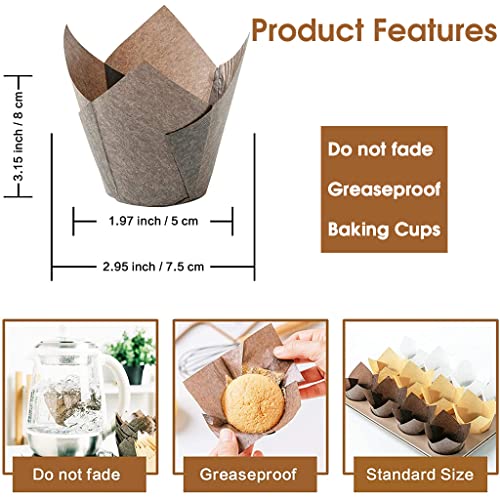 Supvox® 100Pcs Cupcake Liner, 5cm Diameter Tulip Cupcake Paper Cups, Food Grade Greaseproof Paper Baking Cups Muffin Liners Holders for Baking Weddings, Birthdays, Baby Showers, Brown & Beige - Image 3